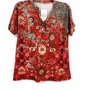 Camisa Red Boho Floral Popover Short Sleeve Shirt Size Small